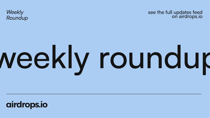 The image is a light blue header banner for an "airdrops.io" Weekly Roundup, featuring the large text "weekly roundup" in the center, with "Weekly Roundup" labeled in the top-left and a note in the top-right directing readers to "see the full updates feed on airdrops.io." It serves as the title graphic for the Aug 8–14 airdrop radar post, which spotlights campaigns like Lighter's $11M LIT launch with Robinhood Wallet, N1's 26-week points season, and Predict.fun's $100K + 5M Points tournament.