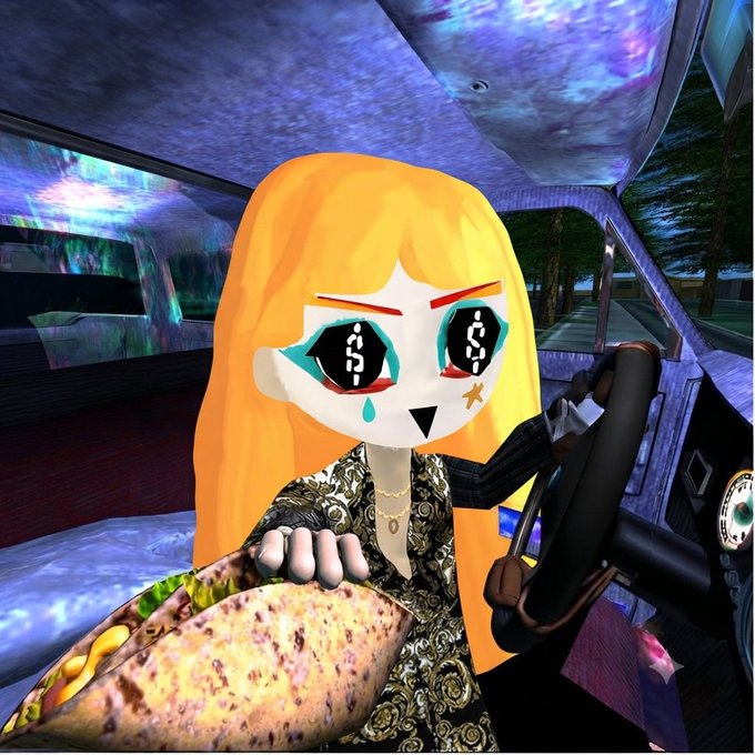 A 3D rendered scene of a VRChat-style avatar with long orange hair and large eyes containing dollar signs, holding a large burrito inside a car with a glowing, colorful interior.