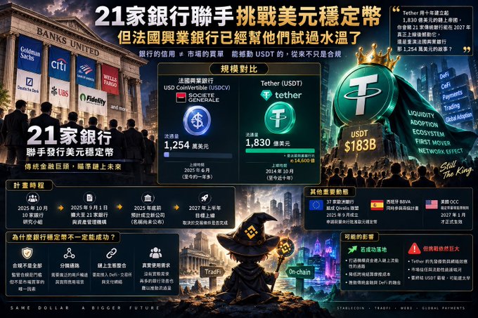 An infographic in Chinese titled '21家銀行聯手挑戰美元穩定幣' (21 banks unite to challenge US dollar stablecoins), comparing USDC ($1.254B) to Tether ($183B) with various statistics.