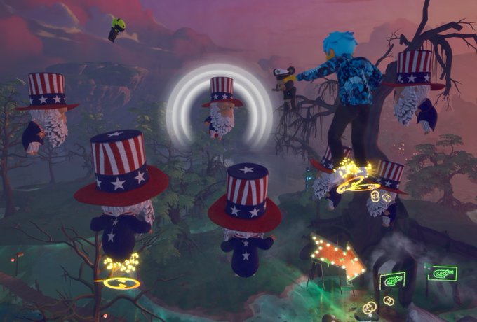 A Fortnite-style game scene featuring multiple gnome characters wearing red, white, and blue Uncle Sam hats, with a glowing portal and a player character jumping.