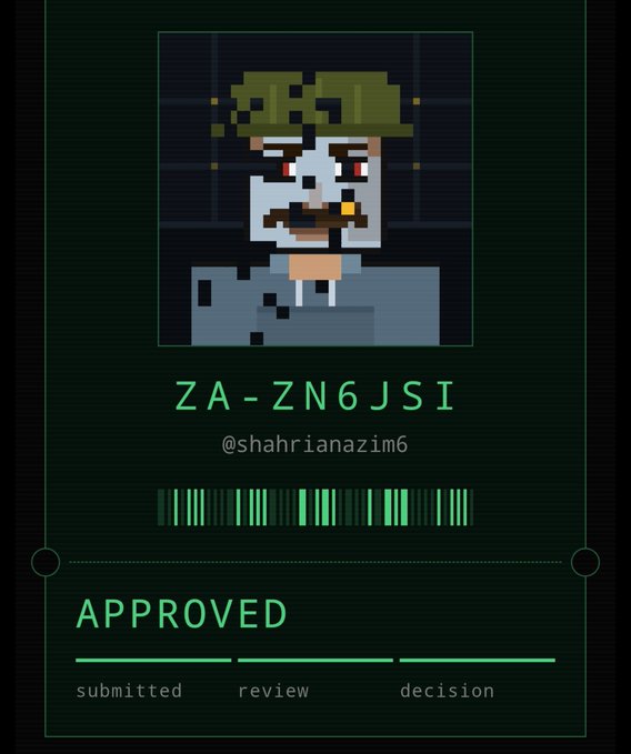 Pixel art NFT display showing a character with a green hat and white face, labeled "ZA-ZN6JSI" by @shahrianazim6 with a green "APPROVED" status.