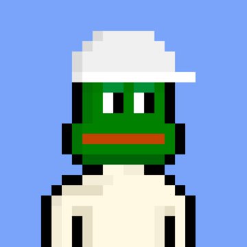 A minimalist pixel art illustration of a green-faced character wearing a white cap and white clothing against a solid blue background.