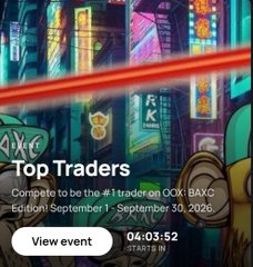 Promotional event card for a 'Top Traders' competition on OX: BAYC, running September 1 – September 30, 2026, with a timer showing 04:03:52 remaining.