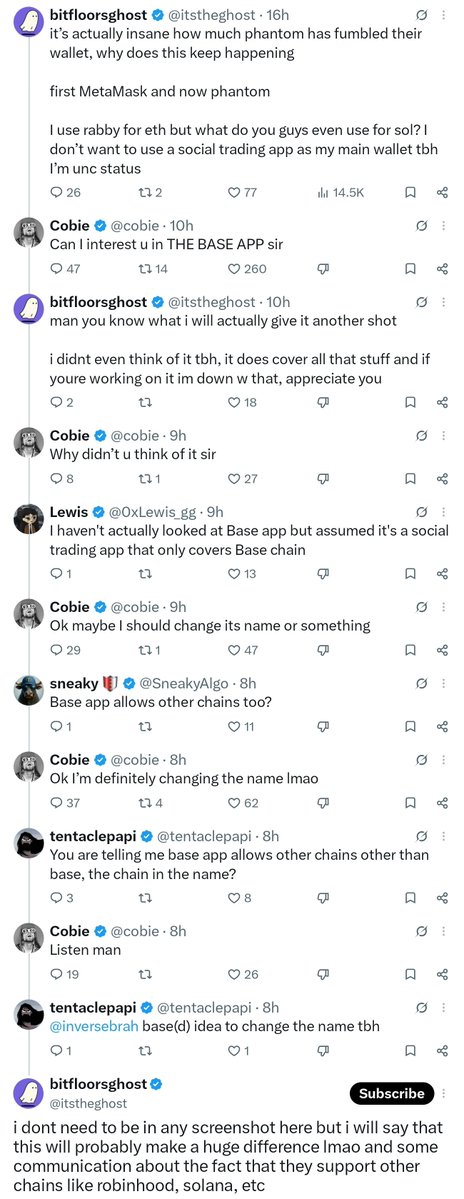 A Twitter/X thread screenshot from @bitfloorsghost (@itstheghost) discussing crypto wallets, MetaMask, and Phantom, with replies from Cobie (@cobie), Lewis (@0xLewis_gg), sneaky (@SneakyAlgo), and tentaclepapi (@tentaclepapi) about renaming the Base app.