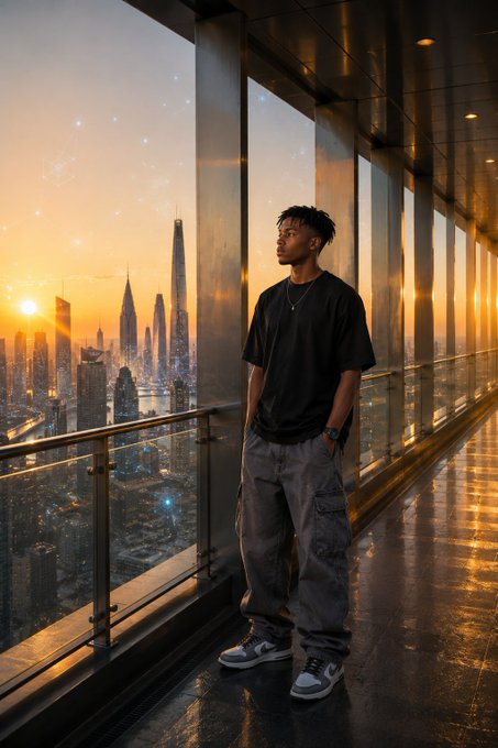 A young man in a black t-shirt and grey cargo pants standing in a high-rise corridor with large windows overlooking a city skyline at sunset.