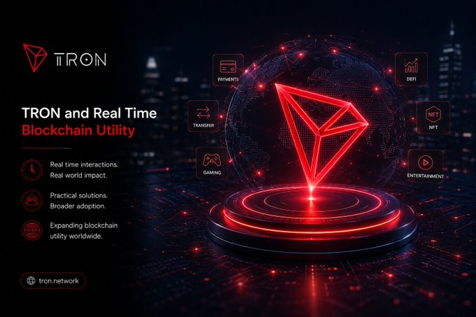 A promotional graphic for the TRON blockchain featuring the headline 'TRON and Real Time Blockchain Utility' with surrounding icons for Payments, DeFi, Transfer, NFT, Gaming, and Entertainment, along with the URL tron.network.