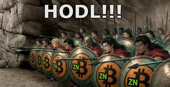 A graphic showing a line of illustrated soldiers holding spears and shields emblazoned with the Bitcoin logo ("B") and "ZN," with the text "HODL!!!" at the top.