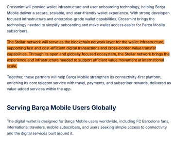 A text excerpt discussing wallet infrastructure partnerships, with a highlighted section describing how the Stellar network will serve as the blockchain layer for wallet infrastructure supporting Barça Mobile.