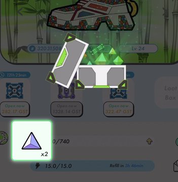 A screenshot from a mobile game showing a geometric structure made of white and green blocks with stats like '320.315M', 'Lv 24', and timers for opening loot boxes.