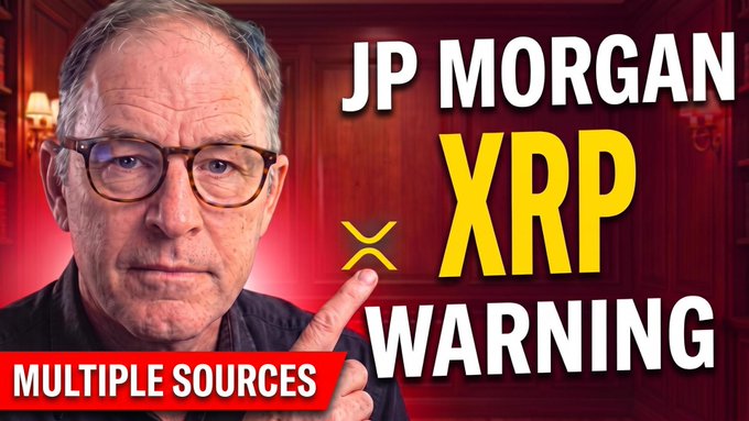 A thumbnail featuring a man pointing at the viewer, with bold text reading "JP MORGAN XRP WARNING" and "MULTIPLE SOURCES," promoting a YouTube video about JP Morgan's warning regarding XRP and the Clarity Act.