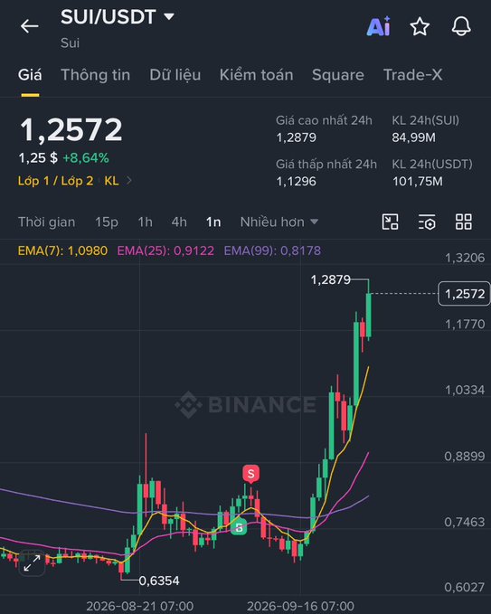 A Binance cryptocurrency chart displaying the SUI/USDT trading pair at a current price of 1.2572, showing a 1.25% or +8.64% increase over 1 hour, with the 24-hour high at 1.2879 and low at 1.1296.