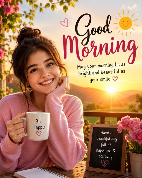 A 'Good Morning' greeting card featuring a smiling young woman holding a 'Be Happy' mug, with messages wishing a bright and beautiful day.
