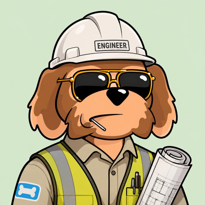 A cartoon illustration of a dog wearing a white hard hat labeled 'ENGINEER', sunglasses, a safety vest, and a bone patch on the sleeve, holding rolled-up blueprints.