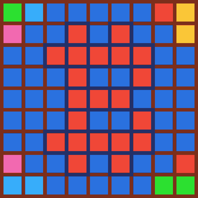 A pixel art grid displays squares in blue, red, yellow, pink, and green arranged in a pattern resembling a letter 'A' with a brown border.