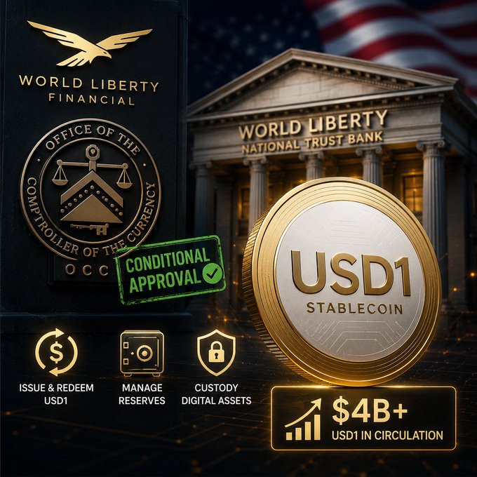 A promotional graphic for 'World Liberty Financial' features 'USD1 STABLECOIN', an OCC seal with 'CONDITIONAL APPROVAL' stamp, and notes '$4B+ USD1 IN CIRCULATION'.