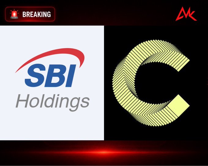 A 'BREAKING' news graphic showing the SBI Holdings logo next to a gold, layered 'C' logo representing Circle.