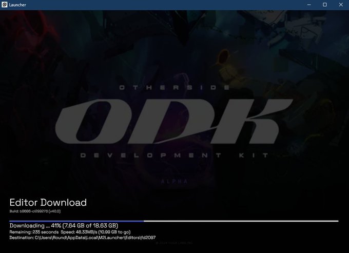 A screenshot of the ODK (Otherside Development Kit) Launcher showing an Editor Download in progress at 4%, with 438 seconds remaining at 18.63 MB/s, downloading build 18696-0099979 to a local drive.