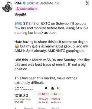 A screenshot of an X (Twitter) post by PBA (@801010athlete) sharing a trade on ticker IRON TECHNOLOGY INC. (1015.80), bought at 1020.35, mentioning AMD/INTC and an 8pt ARM gap.