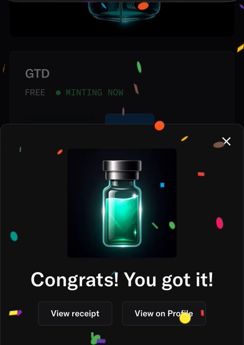A digital collectible minting interface shows a "Congrats! You got it!" success pop-up featuring a glowing green vial icon, with "GTD" labeled as "FREE • MINTING NOW" in the background. The image celebrates a successful free mint of the GTD item on the HYPERPEPS platform, matching the user's post about receiving their GTD collectible.