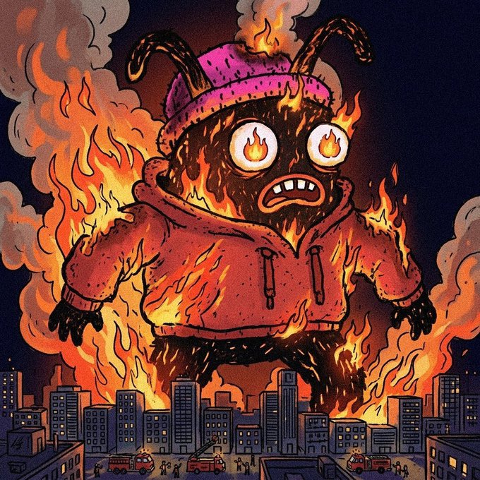 A colorful illustration of a giant flaming monster wearing a red hoodie towering over a burning city with fire trucks below.