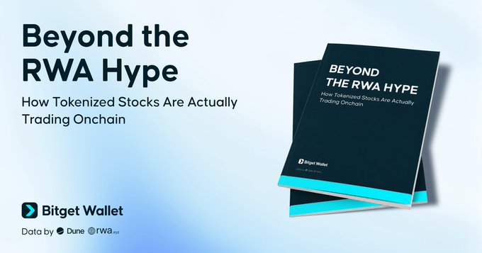 The image shows a book titled "Beyond The RWA Hype" by Bitget Wallet, which is about tokenized stocks and their trading activity. The book is displayed with two blue books stacked on top of each other against a white background. The title of the book is written in black text at the bottom of the image, while the author's name is also visible in black text above it.
