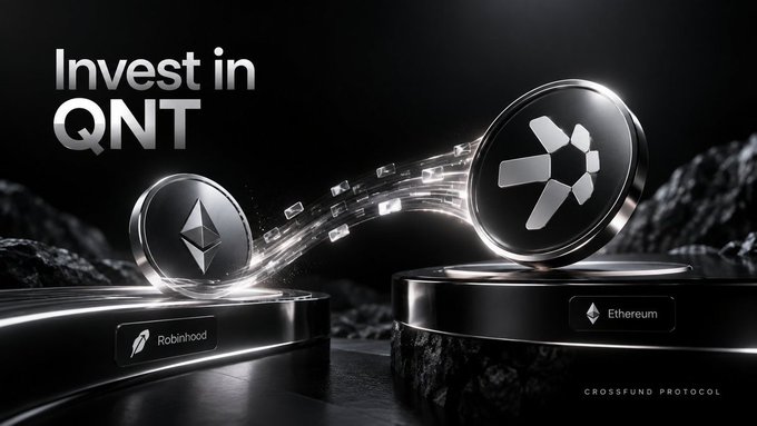 Digital promotional banner reading 'Invest in QNT' showing QuarkCoin coins on pedestals labeled 'Robinhood' and 'Ethereum' with flowing digital particles, branded 'CROSSFUND PROTOCOL'.