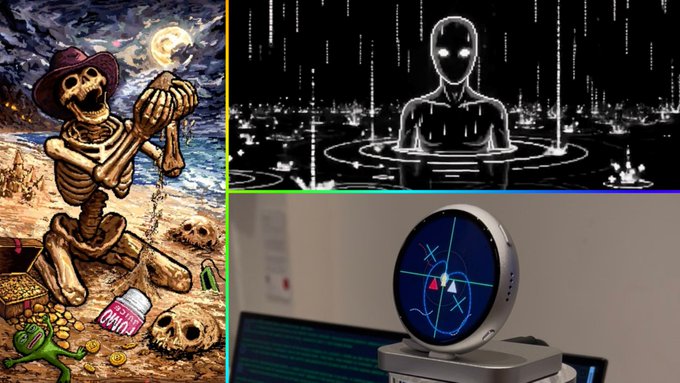 A four-panel collage: a skeleton in a hat holding treasure, a dark humanoid figure surrounded by glowing water streams, a radar screen showing a tracking interface, and a partial view of a computer monitor.