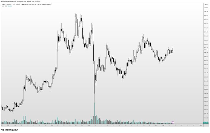 A TradingView chart of Zcash (ZEC/USDT) on Binance with 12-hour candles from August 6 to November 11, 2024, shows the price oscillating between roughly $25 and $75 with no massive swings except one notable sharp downward spike, visually supporting the post's claim that ZEC lacks high volatility and tends to grind sideways rather than making dramatic moves.