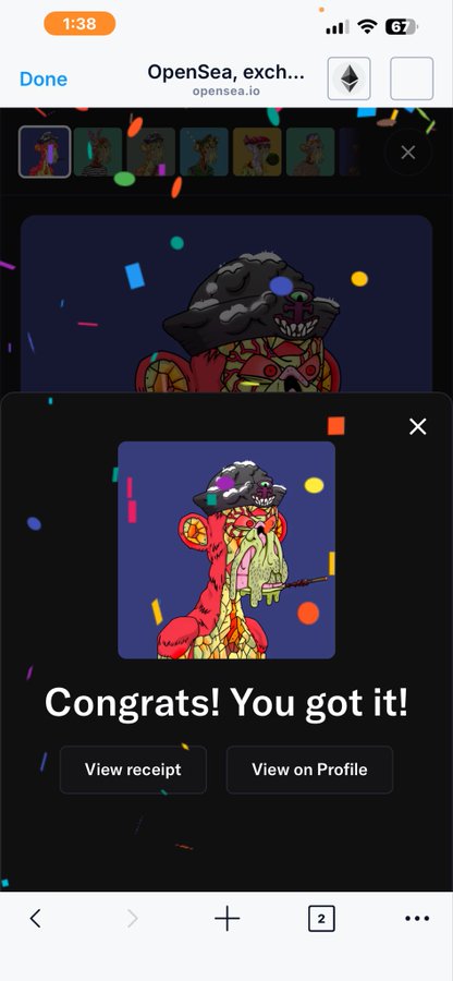 An OpenSea mobile app screenshot showing a successful NFT purchase with a 'Congrats! You got it!' confirmation message for a pixel art piece featuring a red and yellow creature.
