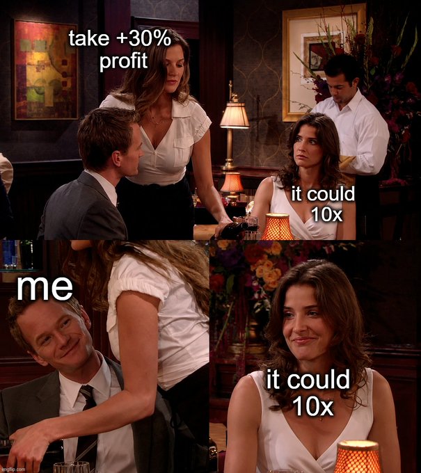 A four-panel meme from How I Met Your Mother featuring characters Barney and Robin, with text about taking +30% profit while the other option could 10x.