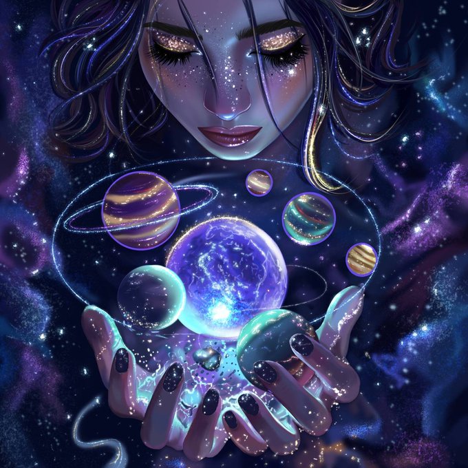 A digital fantasy illustration of a glowing-eyed woman holding a miniature galaxy with planets in her hands against a cosmic background.