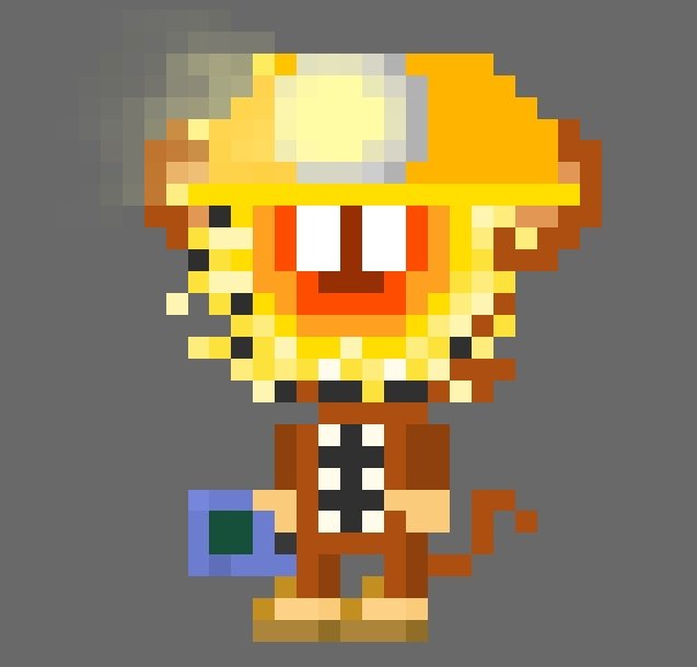 A 16-bit pixel art character of an old miner/prospector with a long beard, yellow hard hat with a lamp, brown coat, and pickaxe, standing against a plain gray background.
