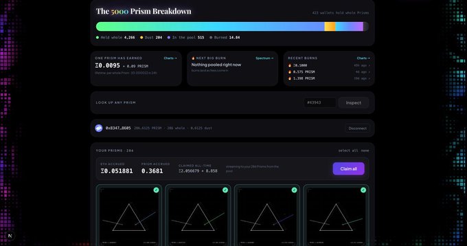 A dark-themed crypto dashboard titled 'The 5000 Prism Breakdown' showing Prism earnings, big burns, recent burns, and a claim section with ETH, USDC, and PRISM balance cards.