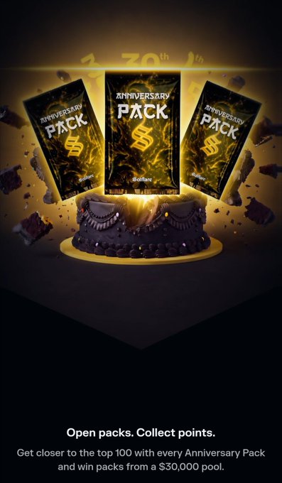 A promotional graphic for a '70th Anniversary Pack' with gold and black cards floating above a chocolate cake, offering a $30,000 prize pool.