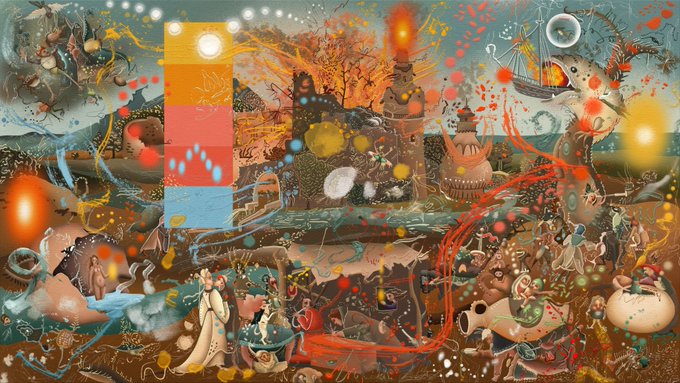 The image features a large, colorful abstract painting that depicts various elements of nature such as trees, mountains, and animals. The painting also includes a castle and other buildings, creating an immersive scene with a sense of depth and complexity. The artist has used a variety of colors and shapes to bring the artwork to life, making it visually striking and engaging for viewers.