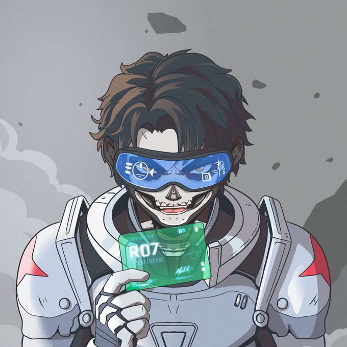 A skull-faced character in futuristic racing gear holds up a green "R07 LICENSE" card, channeling the "Get in, we're going RACING" vibe for the @Racerz_eth post with a high-speed, sci-fi aesthetic.