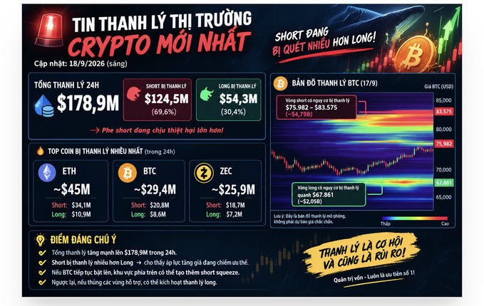 A Vietnamese-language crypto liquidation dashboard for September 18/9, 2026, reporting $178.9M in total 24h liquidations with $124.5M shorts vs. $54.3M longs liquidated, highlighting ETH (~$45M), BTC (~$29.4M), and ZEC (~$25.9M) as top affected coins alongside a BTC liquidation heatmap showing the short squeeze zone at $75,982-$83,575.