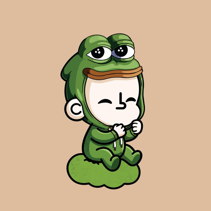 A cartoon character wearing a green frog onesie, sitting on a green cloud with a serene expression against a beige background.