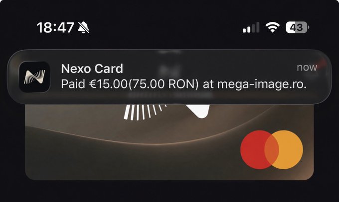 An iOS notification showing a Nexo Card payment of €15.00 (75.00 RON) at mega-image.ro, overlaid on the dark-themed virtual Nexo Mastercard.