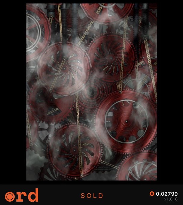Digital artwork featuring red mechanical gears and chains with smoke effects, displayed on a marketplace listing with 'ord' logo, 'SOLD' status, and price '0.02799 $1,818'.