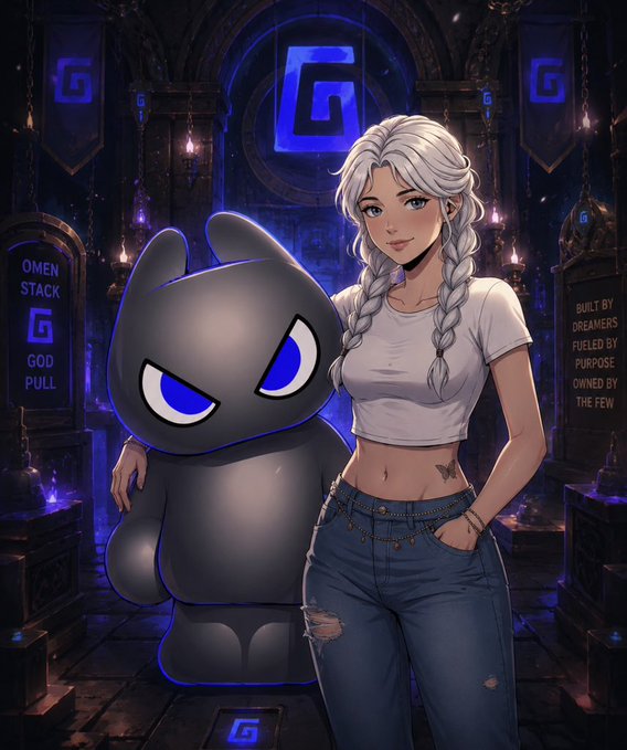 An anime-style character with white braided hair and a black cartoon mascot stand together in a gothic blue-lit cathedral setting; visible text includes 'OMEN STACK', 'GOD PULL', 'BUILT BY DREAMERS FUELED BY PURPOSE OWNED BY THE FEW'.
