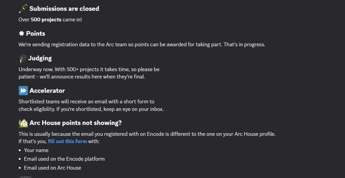 Announcement page reading 'Submissions are closed - Over 500 projects came in!' with sections on Points, Judging, Accelerator, and Arc House points not showing, requesting email details.