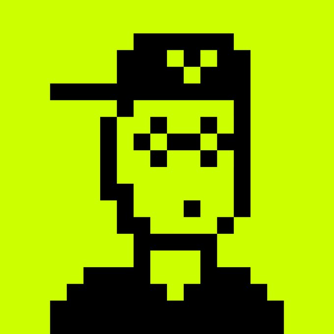 A black pixel-art portrait of a figure with sunglasses and a cap on a bright yellow-green background.