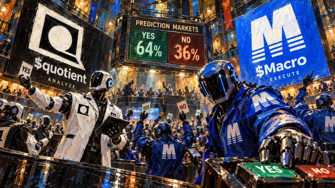 A digital artwork depicting a prediction market scene with robotic figures holding "YES" and "NO" signs, displaying banners for "$Quotient ANALYZE", "PREDICTION MARKETS YES 64% NO 36%", and "$Macro EXECUTE".