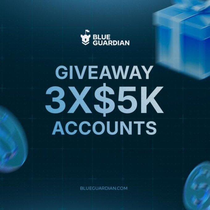 A promotional graphic with a blue background displays the 'BLUE GUARDIAN' logo and text announcing a 'GIVEAWAY 3X$5K ACCOUNTS' at 'BLUEGUARDIAN.COM'.