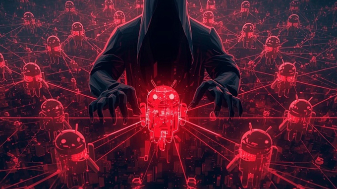 A dark, ominous digital illustration of a hooded figure manipulating a central red glowing robot, surrounded by an interconnected network of smaller Android-style mascot figures bathed in red light.