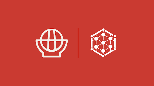 A red graphic featuring two white icons: a globe in a stand on the left and a hexagonal network/molecular structure on the right, separated by a vertical line.