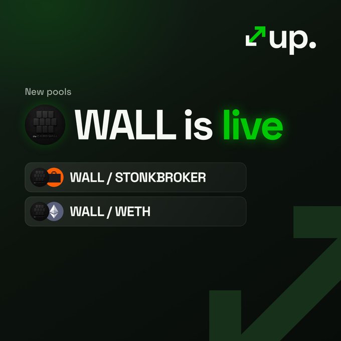 A dark promotional graphic announces "WALL is live" on the "up." platform, featuring two new trading pools: WALL/STONKBROKER and WALL/WETH, alongside a WALL token icon and the Up logo with its signature green arrow. The image visually reinforces the announcement by highlighting these specific trading pair options now available on the exchange.