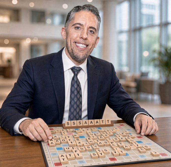 A smiling, well-dressed man in a navy suit sits at a table with a Scrabble board in front of him, where the letters "SSAAT" are prominently spelled out on the tile rack. The image ties to the caption "Now SATS? Same tiles" by highlighting the shared letters between the words "SSAAT" and "SATS," playfully suggesting that a game of Scrabble could be the only thing connecting these two acronyms.