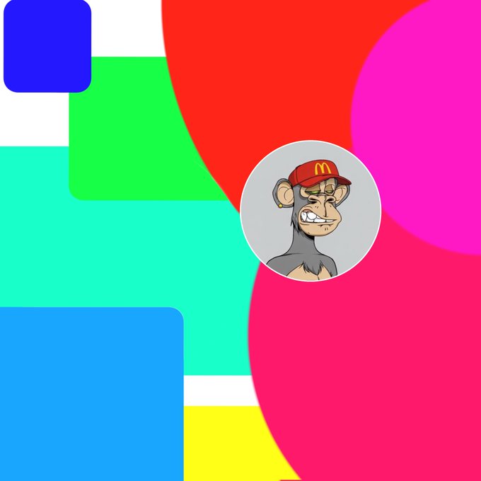 The image features an abstract art piece with a monkey wearing a red hat and a McDonald's logo. The background consists of various shapes, including circles and squares, creating a colorful and vibrant atmosphere. The caption below the artwork reads "Making abstract art to buy a MAYC I just need it to tell me that I want BAYC, and I'LL install it and upload it to Mint".